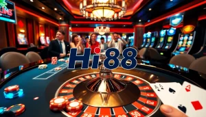 Excited players enjoying a Hi88 casino experience with roulette and blackjack tables.