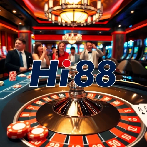 Excited players enjoying a Hi88 casino experience with roulette and blackjack tables.