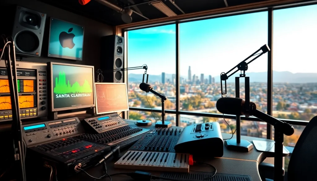 Capture the essence of hometownstation.com through a vibrant radio studio showcasing modern equipment and the Santa Clarita skyline.