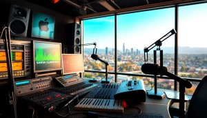 Capture the essence of hometownstation.com through a vibrant radio studio showcasing modern equipment and the Santa Clarita skyline.