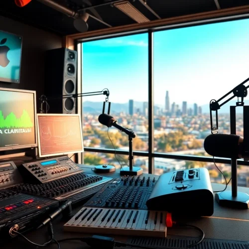 Capture the essence of hometownstation.com through a vibrant radio studio showcasing modern equipment and the Santa Clarita skyline.