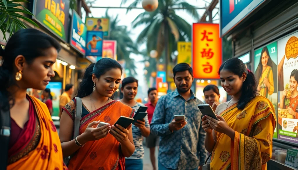 Lanka Ad showcasing a vibrant marketplace in Colombo, with people engaging in digital ads amid colorful local vendors.