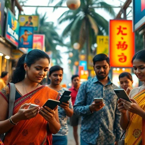Lanka Ad showcasing a vibrant marketplace in Colombo, with people engaging in digital ads amid colorful local vendors.
