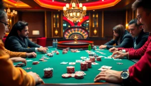 Engage in thrilling poker at https://king88.fast/, highlighted by vibrant chips and a roulette wheel.