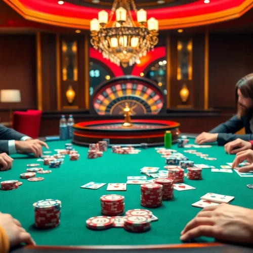 Engage in thrilling poker at https://king88.fast/, highlighted by vibrant chips and a roulette wheel.