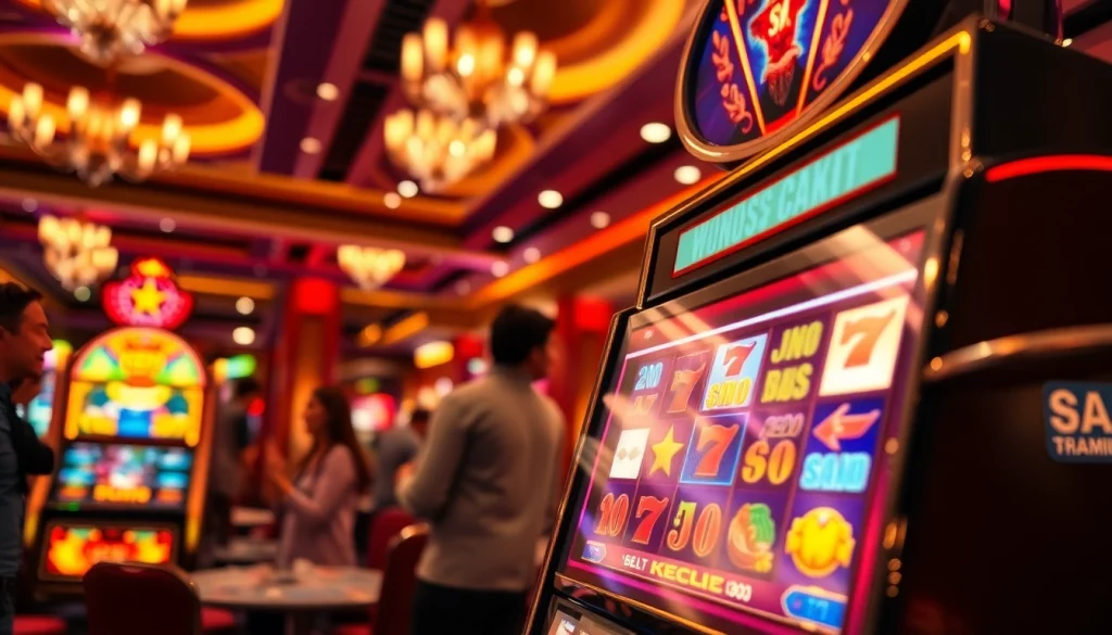 Belajar slot bet kecil dengan mesin slot yang menarik dan pemain sedang berinteraksi.