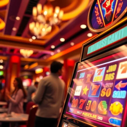 Belajar slot bet kecil dengan mesin slot yang menarik dan pemain sedang berinteraksi.