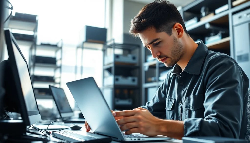 Expert technician providing computer service in a modern office environment.