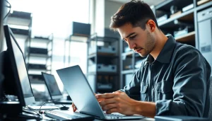 Expert technician providing computer service in a modern office environment.
