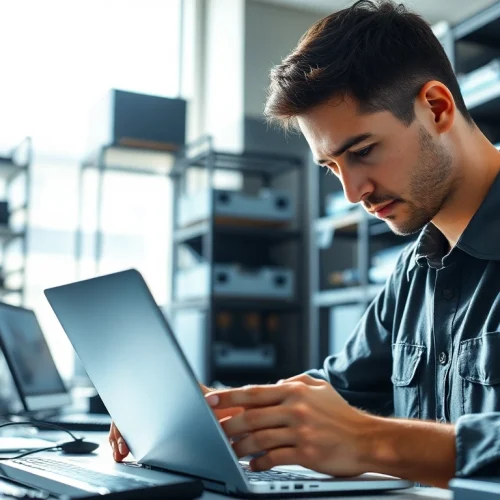 Expert technician providing computer service in a modern office environment.