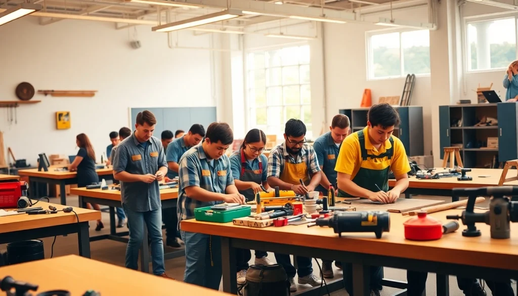 Engaged students at trade schools Oahu collaborating on practical skills in a modern classroom.