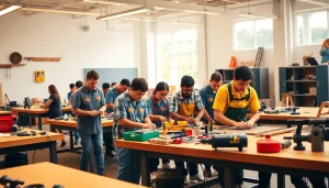 Engaged students at trade schools Oahu collaborating on practical skills in a modern classroom.