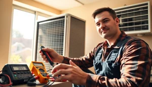 Expert AC repair technician in Phoenix AZ working on a cooling system, showcasing professional tools and warm lighting.