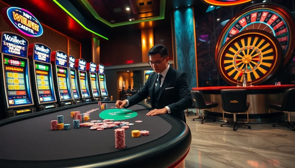 Experience the thrill of shbet with vibrant casino tables, excited players, and dazzling lights.