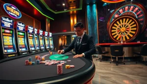 Experience the thrill of shbet with vibrant casino tables, excited players, and dazzling lights.