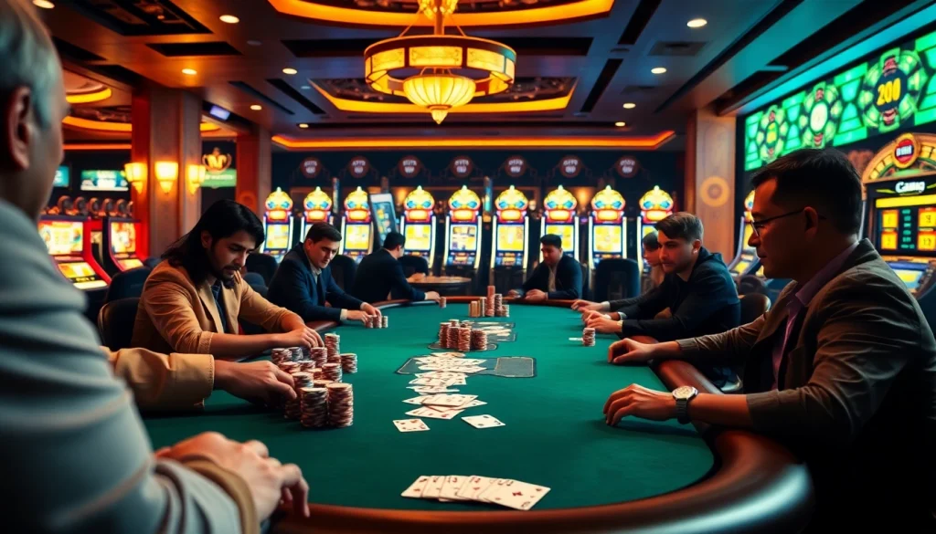 Engage with Đăng Nhập XN88 at a lively casino scene featuring a poker table with players and vibrant slot machines.