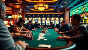 Engage with Đăng Nhập XN88 at a lively casino scene featuring a poker table with players and vibrant slot machines.