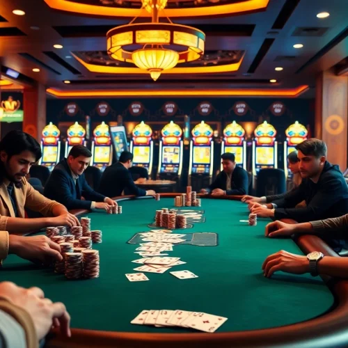 Engage with Đăng Nhập XN88 at a lively casino scene featuring a poker table with players and vibrant slot machines.