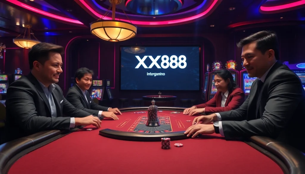 Players enjoying a high-stakes poker game at XX88 casino with thrilling atmosphere.