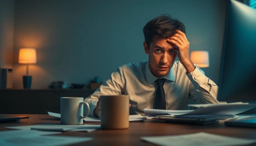 Address brain fog by depicting a frustrated person at a desk, reflecting on mental fatigue.