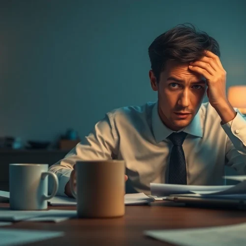 Address brain fog by depicting a frustrated person at a desk, reflecting on mental fatigue.