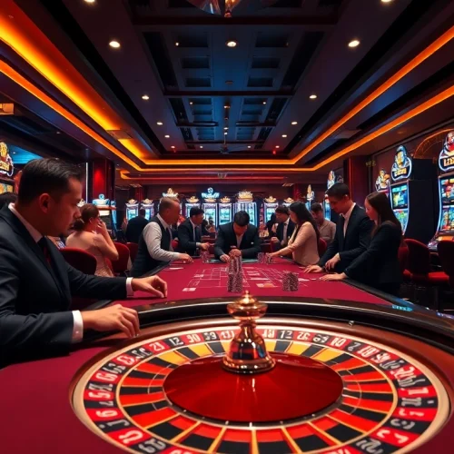 Experience the thrill of EV88 with players engaging at a glamorous casino table, showcasing luxury and excitement.