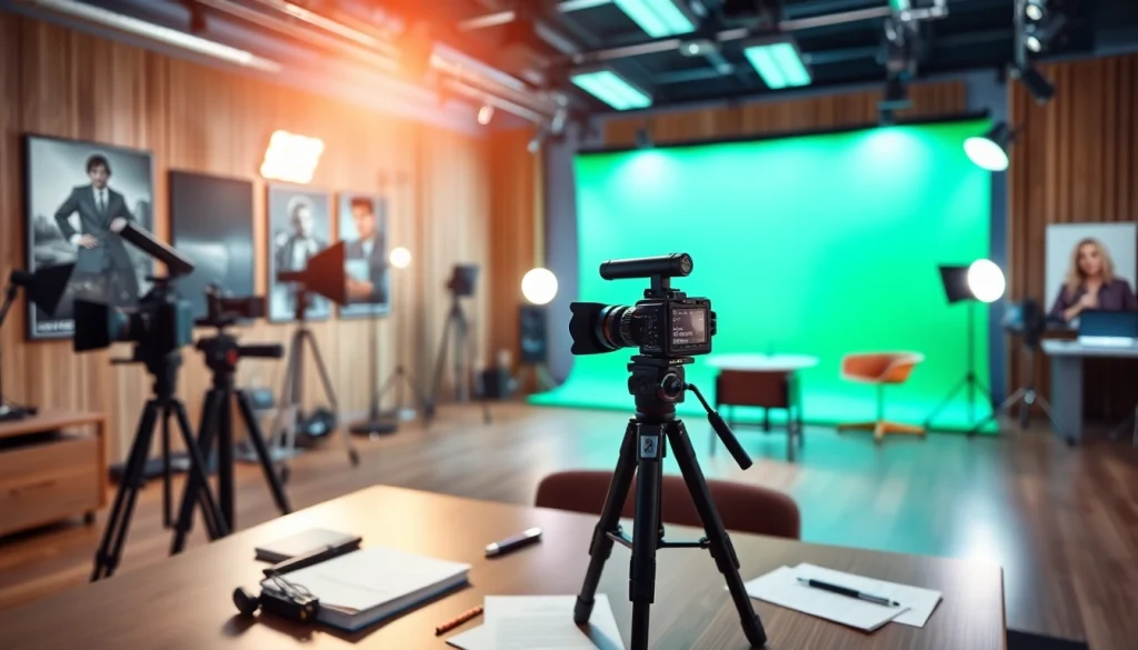 Showcase of a Video Production Company Phoenix studio setup with professional equipment and vibrant backdrop.