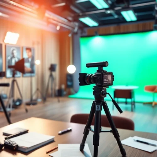 Showcase of a Video Production Company Phoenix studio setup with professional equipment and vibrant backdrop.
