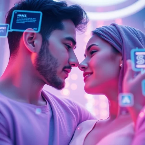 Futuristic digital relationship showcasing sex AI with immersive interfaces and emotional connection.