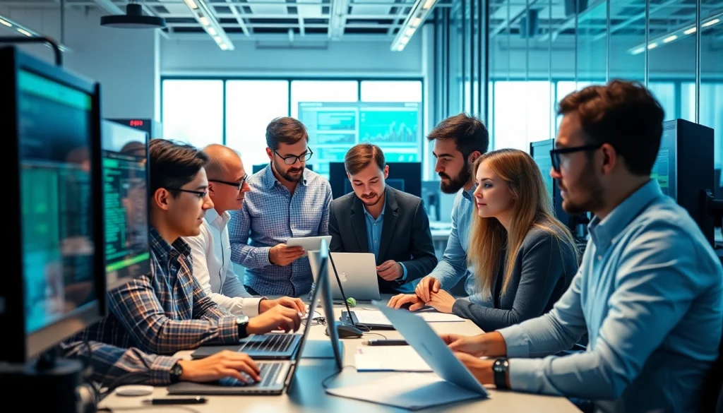 Engaging software QA team analyzing data and testing at https://xqa.ca in a modern office setting.