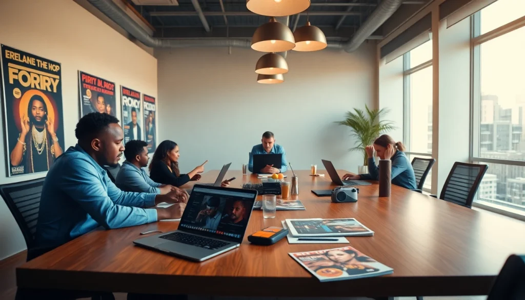 Engaging scene of a hip hop publicist agency showcasing teamwork and creativity.