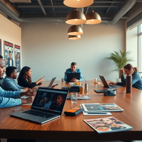 Engaging scene of a hip hop publicist agency showcasing teamwork and creativity.
