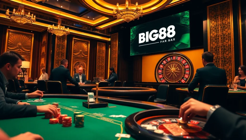Experience the thrill of gambling at BIG88.BAR with a high-end casino scene featuring poker, roulette, and vibrant players.