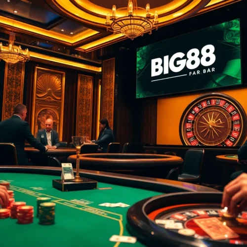 Experience the thrill of gambling at BIG88.BAR with a high-end casino scene featuring poker, roulette, and vibrant players.