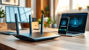Setup featuring a pre configured vpn router, sleek design and secure connectivity in a modern workspace.