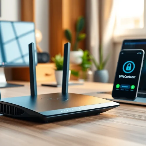 Setup featuring a pre configured vpn router, sleek design and secure connectivity in a modern workspace.
