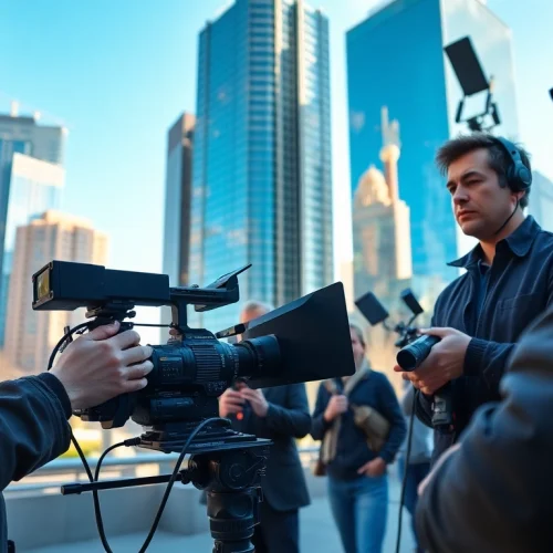 Capture of a Video Production Company Calgary team filming in the heart of the city with dynamic energy.