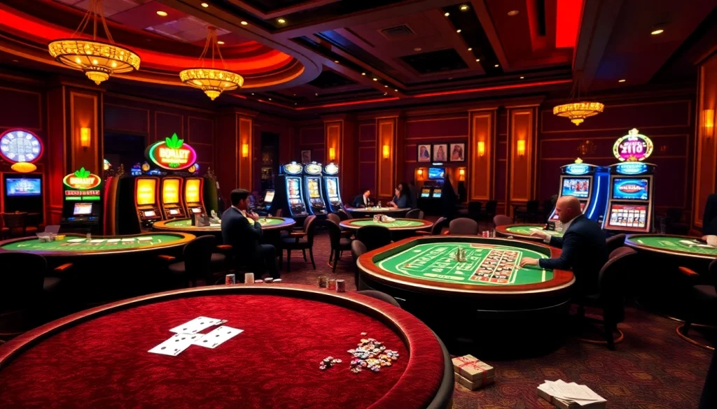 Players enjoying intense poker and roulette games at a luxury casino, promoting 33win con excitement.