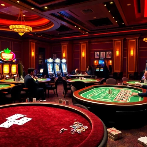 Players enjoying intense poker and roulette games at a luxury casino, promoting 33win con excitement.