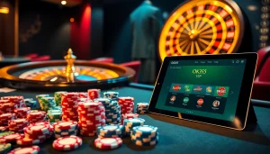 Experience excitement at OK365 com VIP with a vibrant poker table and online gaming interface.