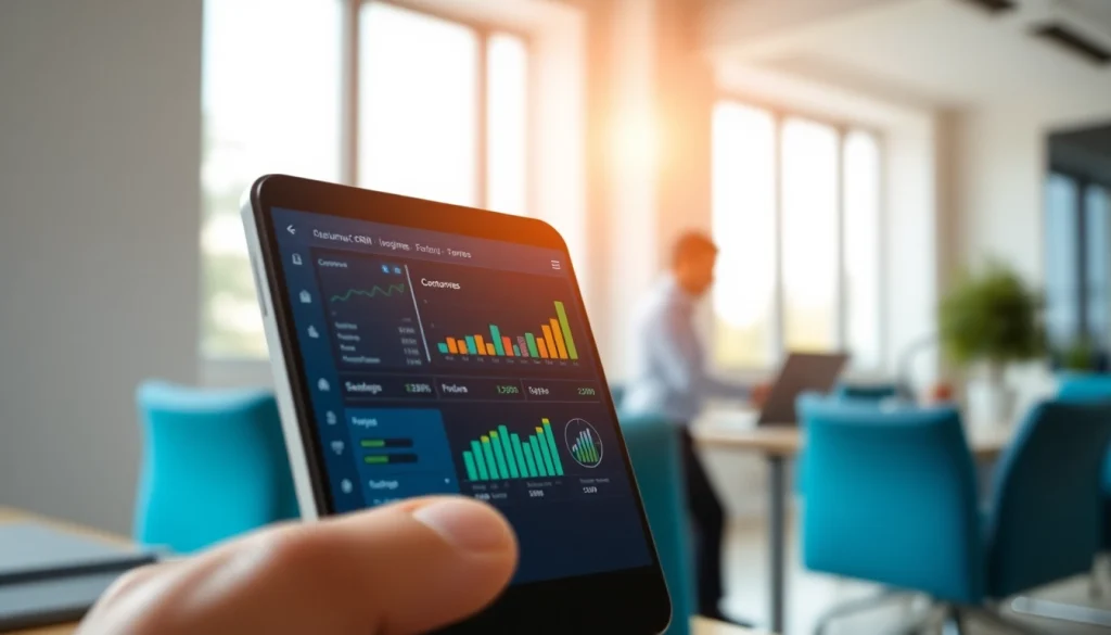 Engaging mobile CRM dashboard displayed on a smartphone in a professional setting.