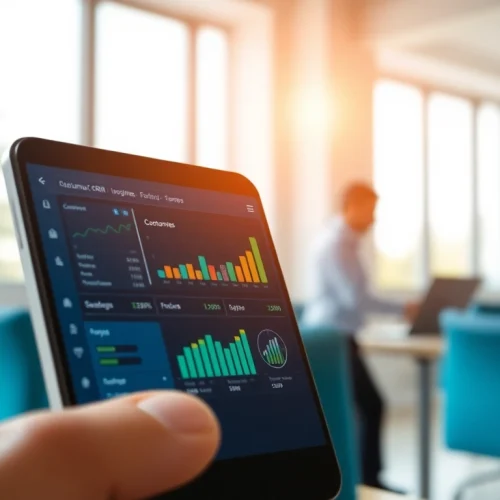 Engaging mobile CRM dashboard displayed on a smartphone in a professional setting.