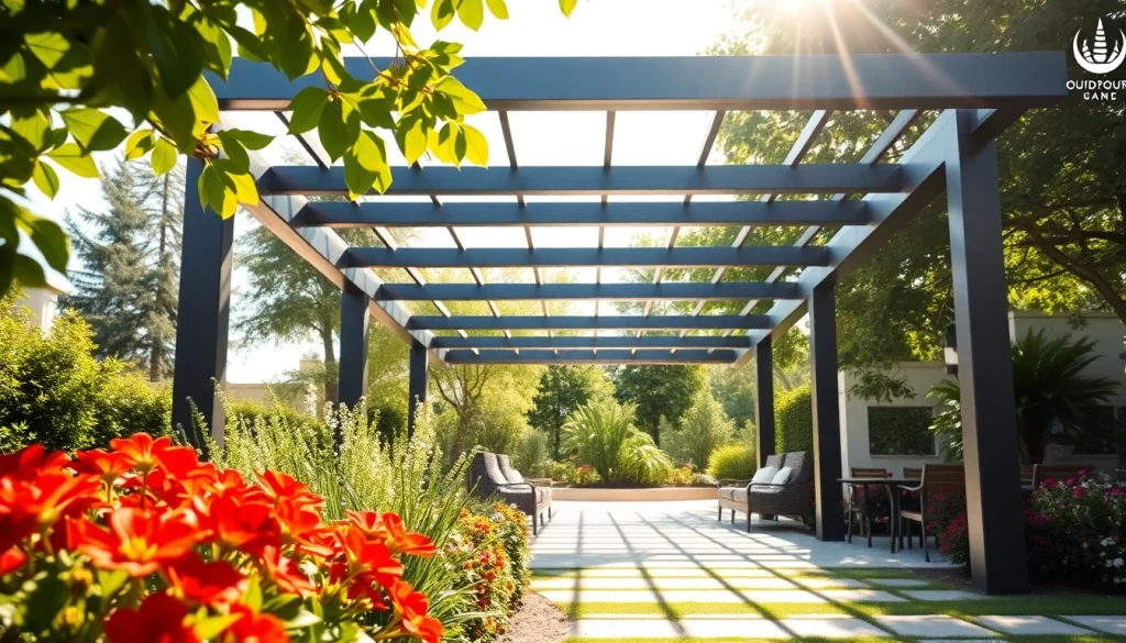 Enhance outdoor spaces with a modern steel pergola showcasing elegance and tranquility.
