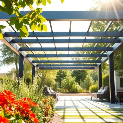 Enhance outdoor spaces with a modern steel pergola showcasing elegance and tranquility.
