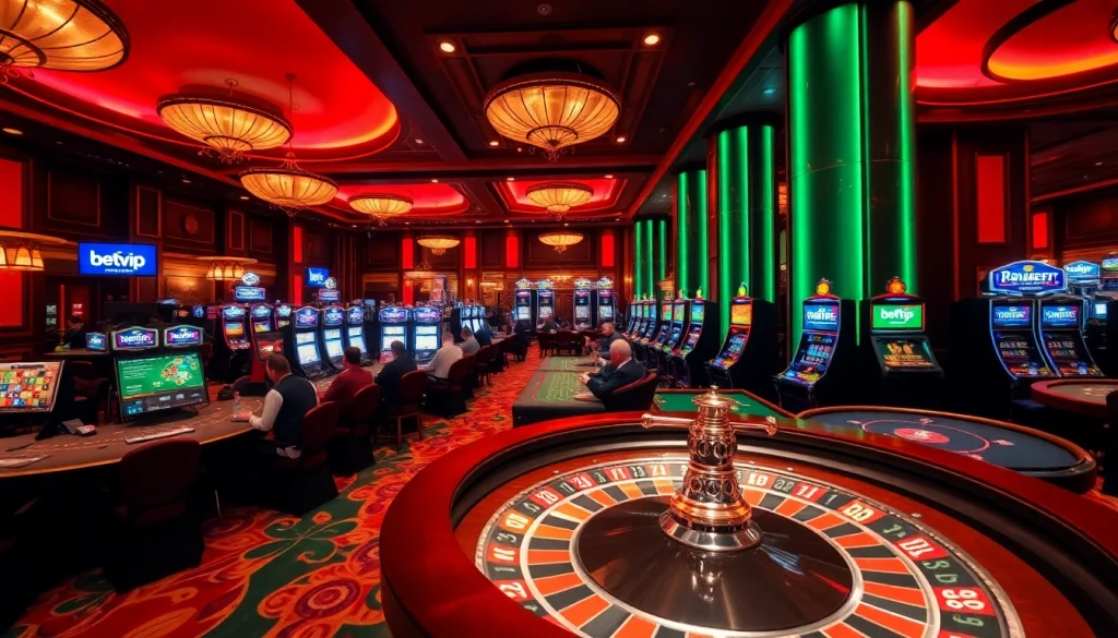 Cảnh nhộn nhịp tại casino Betvip, người chơi đang tận hưởng các trò chơi bàn và máy đánh bạc sôi động.