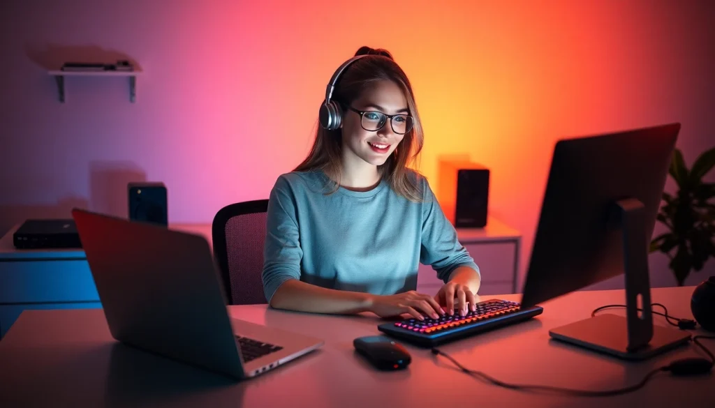 Descubre cómo hacer dinero en YouTube mientras una creadora de contenido trabaja en su computadora.