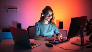 Descubre cómo hacer dinero en YouTube mientras una creadora de contenido trabaja en su computadora.