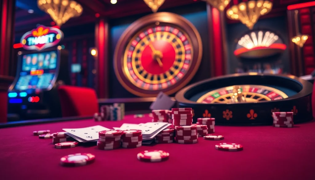 Exciting gambling action at Trang Chủ THABET with luxurious casino tables, poker chips, and vibrant slot machines.