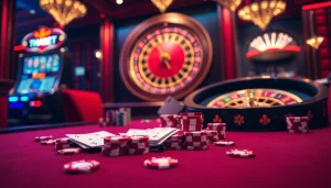 Exciting gambling action at Trang Chủ THABET with luxurious casino tables, poker chips, and vibrant slot machines.