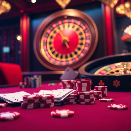 Exciting gambling action at Trang Chủ THABET with luxurious casino tables, poker chips, and vibrant slot machines.